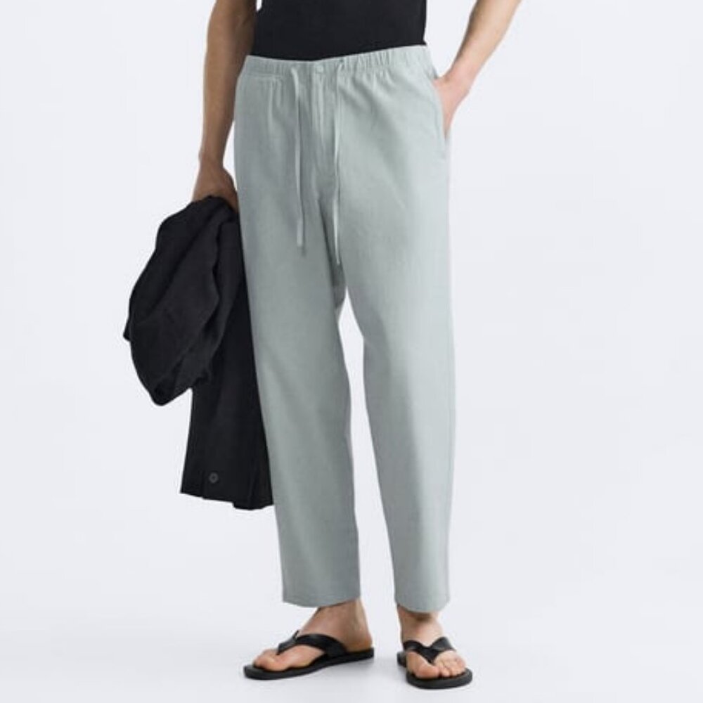 Zara Linen-Blend Relaxed Drawstring Pants Sky Blue M NWT